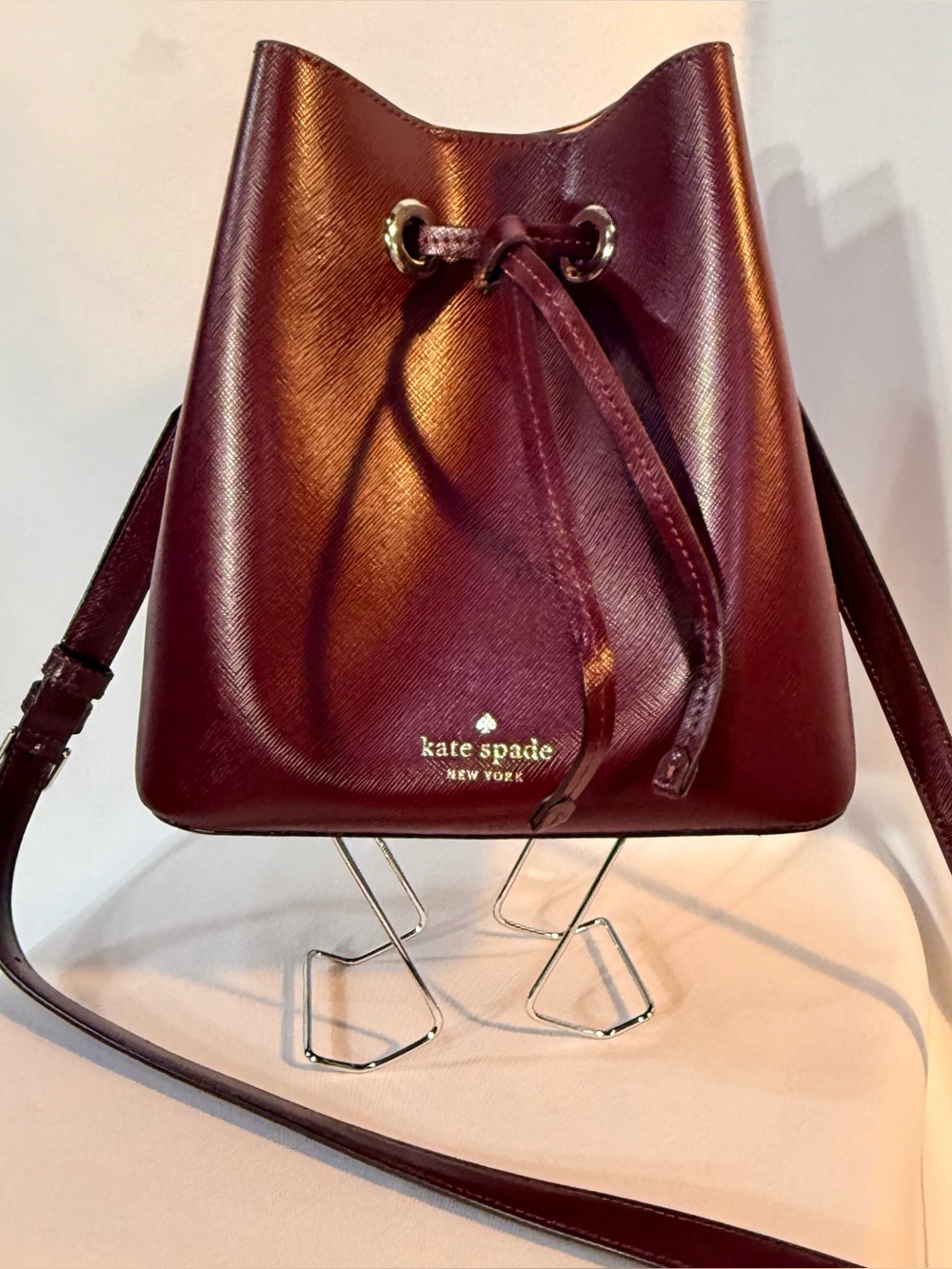 Kate Spade Burgundy Saffiano Leather Bucket Bag Crossbody Purse